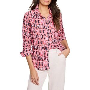 Nic+Zoe Womens Pink Red Abstract Circle Print Button Down Shirt Long Sleeve 2X